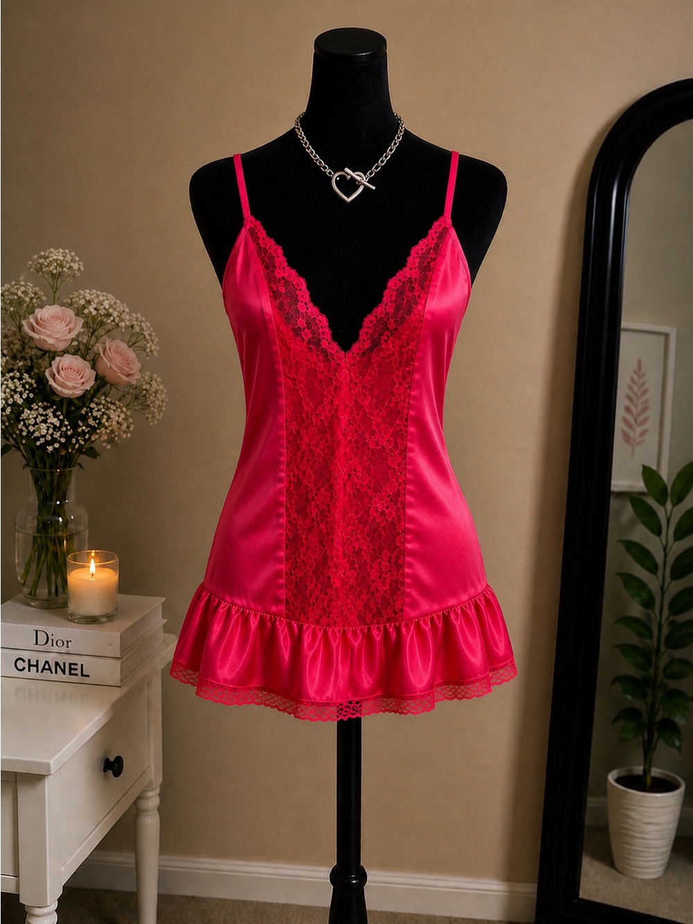 Vintage Union Made pink lace babydoll mini slip dress ruffle hem size M lingerie